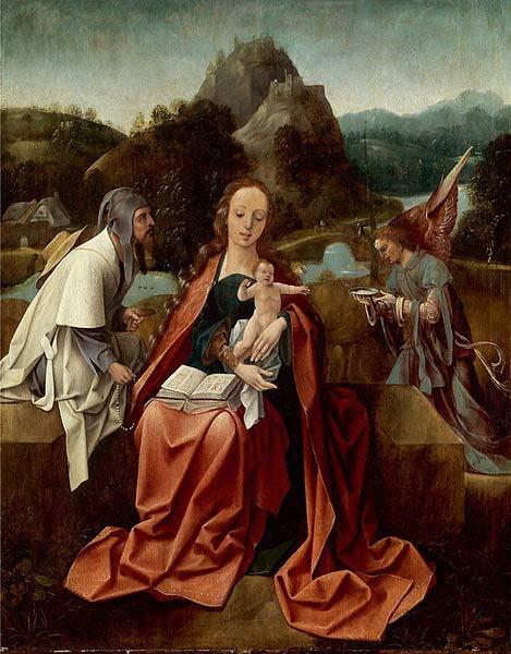 Attributed to Jan de Beer Madonna and Child with a pilgrim and an angel